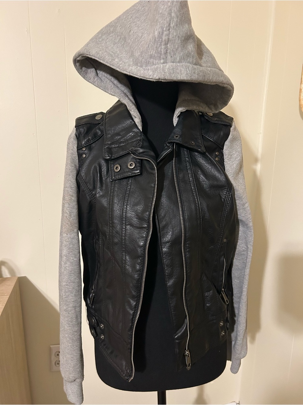 Black Faux Leather Moto Jacket with Gray Hoodie Sleeves